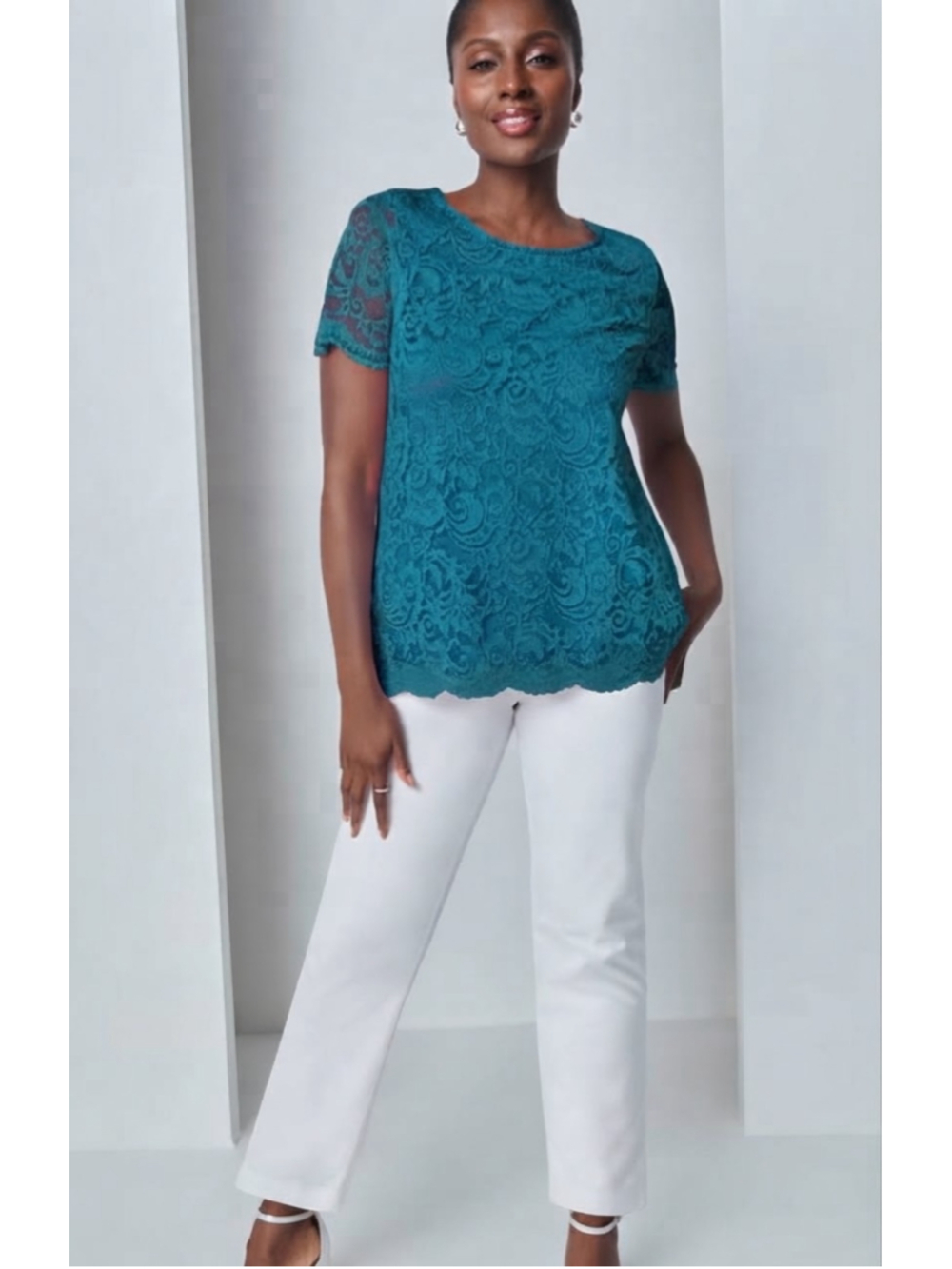 Jessica London Lace Short Sleeve Tunic Top Teal Blue Size 18/20 NWT Elegant Chic